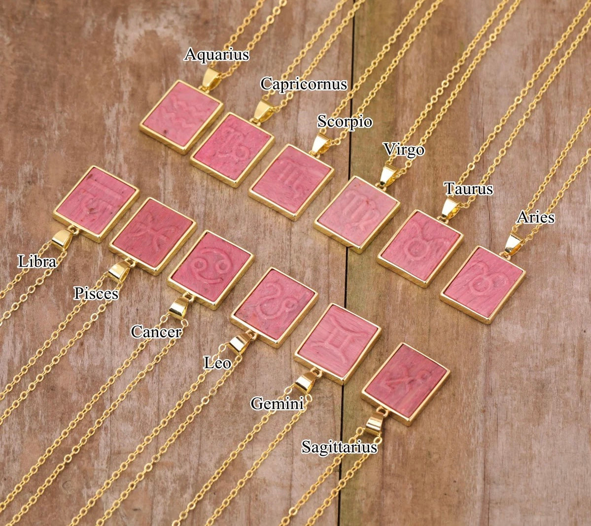 18K Gold Rhodonite Zodiac Necklaces