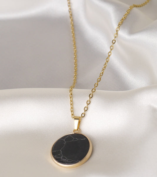 18K Gold Black Howlite Circle Necklace