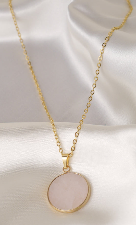 18K Gold Rose Quartz Circle Necklace