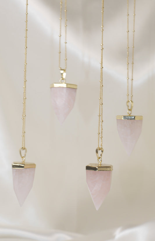 18K Gold Rose Quartz Point Necklaces